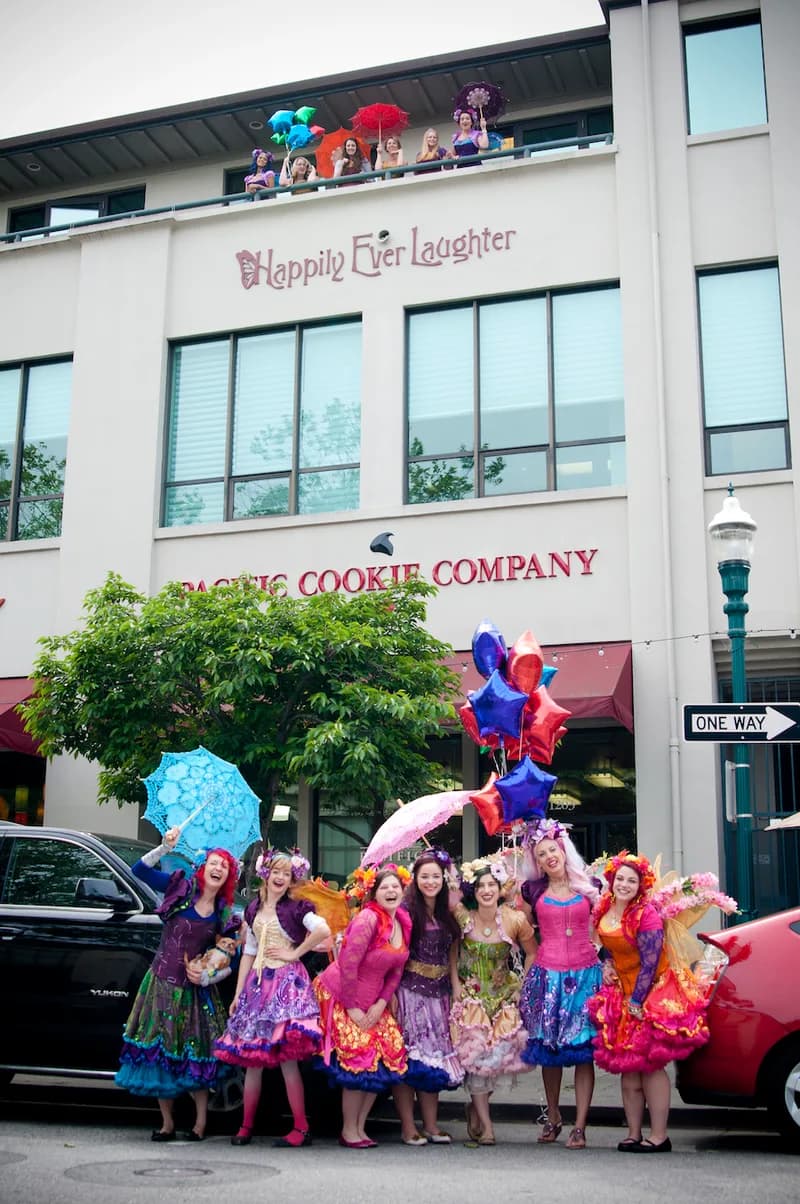 The Happily Ever Laughter headquarters building in Santa Cruz, with faeries out front
