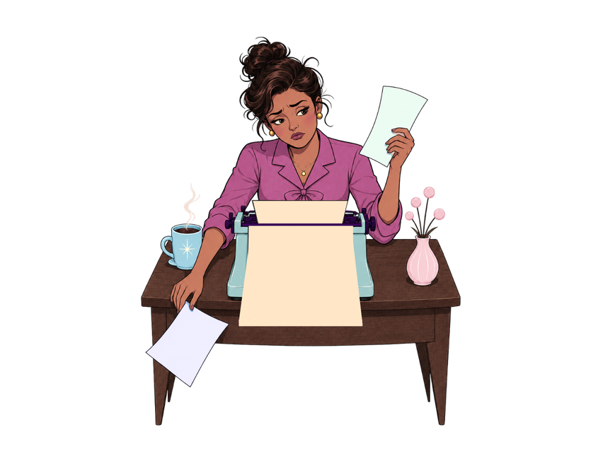 A woman at a desk holding event papers, looking concerned.