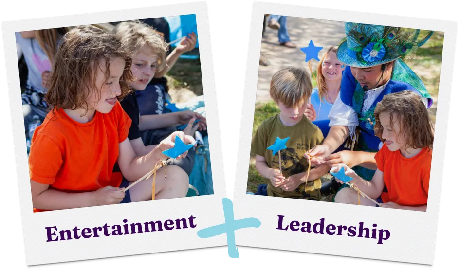 Two photographs of children making star-wand crafts at a Happily Ever Laughter Parties event, captioned Entertainment and Leadership.