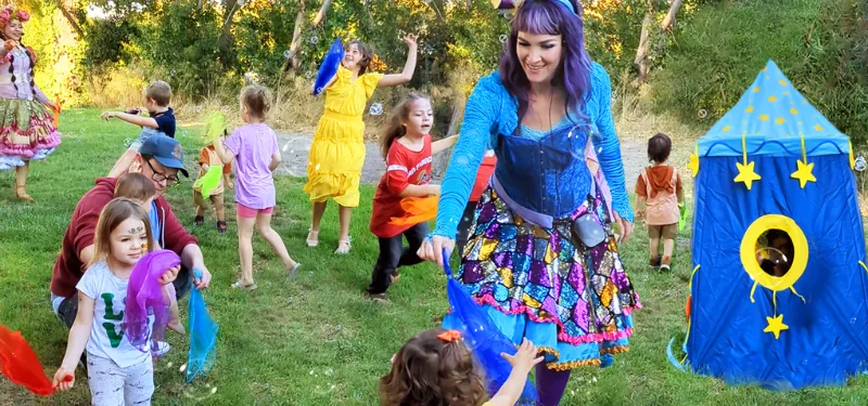 Children chasing bubbles and getting their wiggles out.