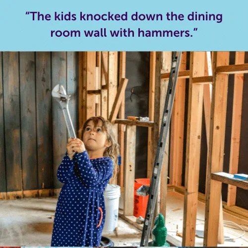 A child in a blue dress holding a wrench in a construction zone, illustrating a humorous and chaotic rained-out party moment.