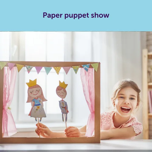 An excited child performing a colorful paper puppet show with handmade puppets, a creative indoor activity for a rained-out party.