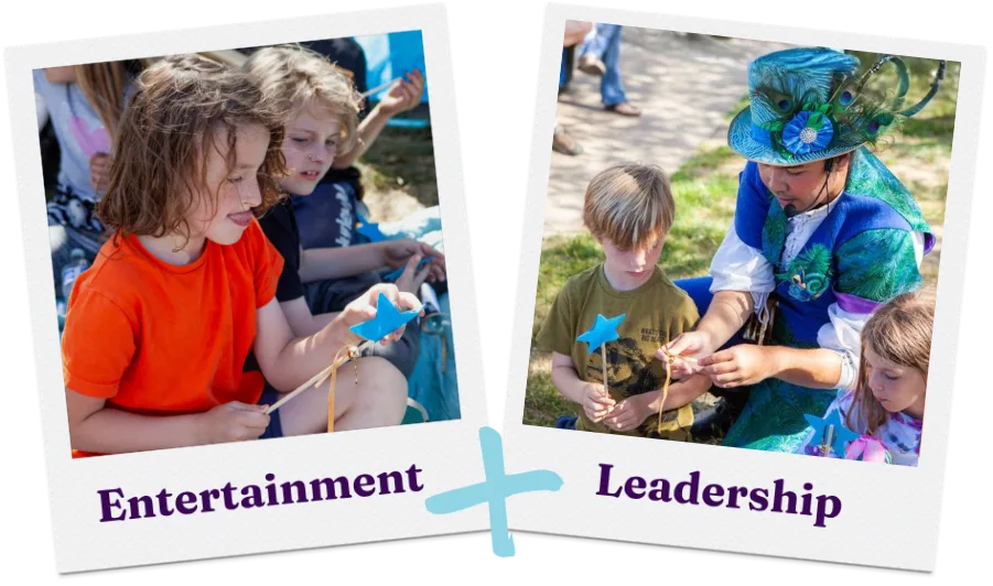 Two polaroid photos of a Happily Ever Laughter Parties craft leader with children, captioned Entertainment and Leadership.
