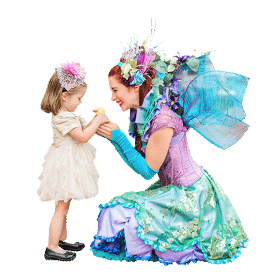 A Happily Ever Laughter entertainer dressed as a colorful fairy engaging with a young child at a San Jose children's party, showcasing magical and interactive entertainment perfect for local events.