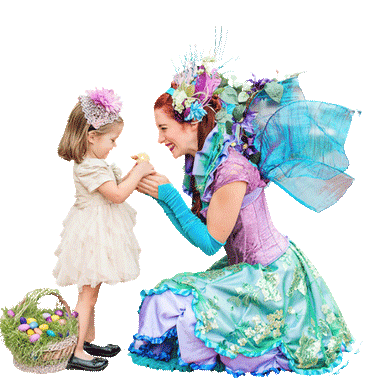 Fairy performer from Happily Ever Laughter kneeling to engage with a young child holding a baby chick, next to a basket of colorful Easter eggs. Perfect representation of kids' party entertainment, magical Easter experiences, and holiday celebrations in California.
